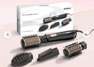 سشوار برسدار چرخشی 1000 وات بابیلیس مدل AS964ROE، موتور DC، وزن 1050 گرم، دارای سری برسدار گرد باریک، سری برسدار تخت، سری چرخشی، سری دندانهدار با ویژگی صافکنندگی، با قابلیت فناوری تولید یون